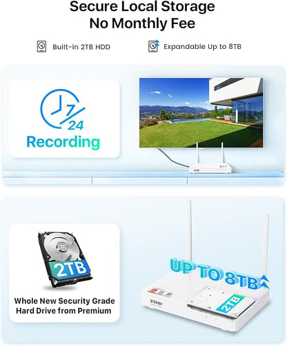 ZOSI 2.5K WiFi Security Camera Wireless Outdoor System,2TB HDD,8 Channel NVR for 24/7 Recording,4 x 4MP Cameras for Home with Color Night Vision,Person Vehicle Detection,2-Way Talk,Siren Alarm,Plug-in