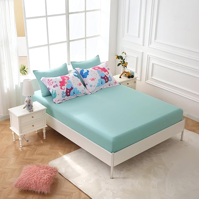 Wajade Kids Mermaids Comforter Set Bed in A Bag Twin Size 7 Piece Colorful 3D Cartoon Mermaids Bedding Set for Girls (1 Comforter, 1 Flat Sheet, 1 Fitted Sheet, 2 Pillowcase and 2 Pillow Sham)