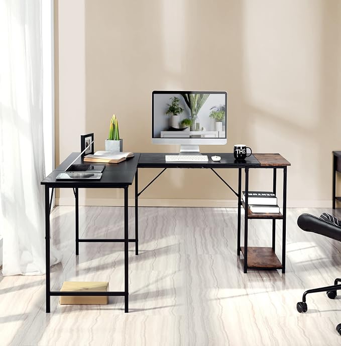 FurnitureR L-Shaped 58.3'' Corner Computer Desk with Storage Shelf Long Gaming Desk for Home Office PC Workstation Saving Space Laptop Table, Black and Brown