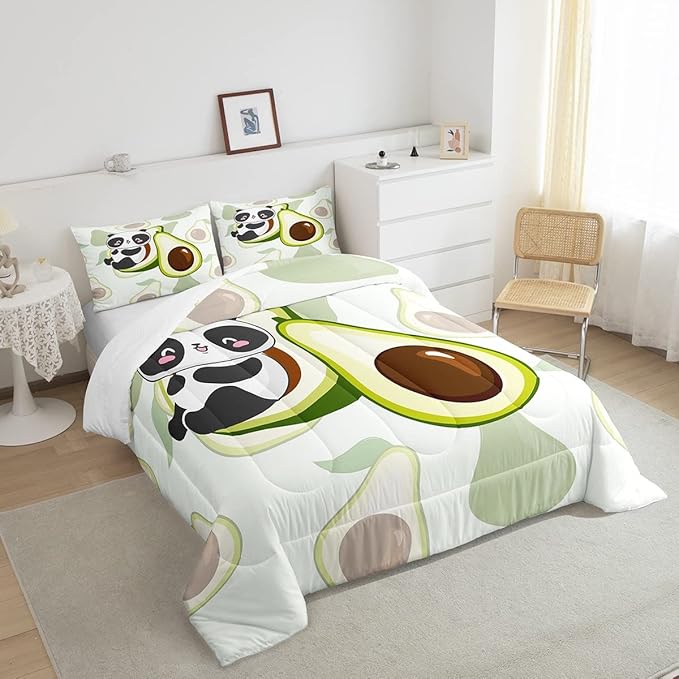 Erosebridal Panda Comforter Set Queen,Avocado Bedding Set Cute Black White Panda Bedding Bear Cat Bedding Comforter for Kids Boys Girls Green Tropical Fruit Quilt Duvet Set Room Decor 2 Pillow Cases