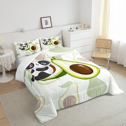 Kids Cute Panda Bedding Set Twin Kawaii Avocado Comforter Set for Boys Girls Bedroom Dorm Decor,Fruit Cartoon Exotic Animal Bedding Comforter Sets Giant Panda Bed Quilt Sets 2 Pcs Green Black White