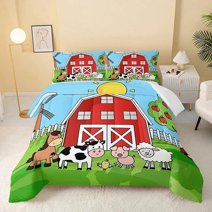 Farm Animals Comforter,Farmhouse Comforter Set for Kids Teens Girls Boys,Cartoon Animals 3Pcs Bedding Set Printed Comforter with 2 Pillowcases,Down Alternative,Soft and Lightweight，Full Size