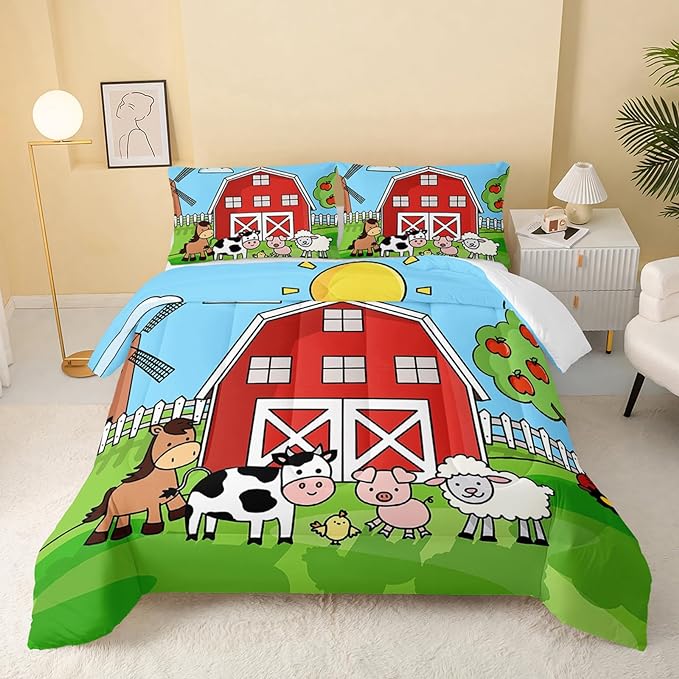 Farm Animals Comforter,Farmhouse Comforter Set for Kids Teens Girls Boys,Cartoon Animals 3Pcs Bedding Set Printed Comforter with 2 Pillowcases,Down Alternative,Soft and Lightweight，King Size