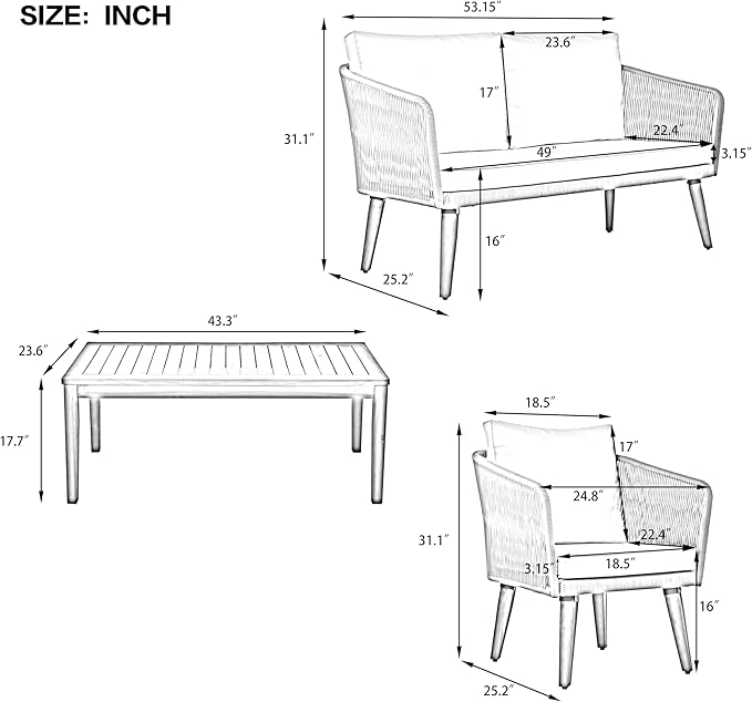 4-Piece, Outdoor Furniture with Loveseat, 2 Chairs and Table, Patio Conversation Set Deep Seating with Thick Backyard Porch Balcony, Zh-Dark Grey Cushion + Grey Rope