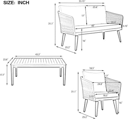 4-Piece, Outdoor Furniture with Loveseat, 2 Chairs and Table, Patio Conversation Set Deep Seating with Thick Backyard Porch Balcony, Zh-Dark Grey Cushion + Grey Rope