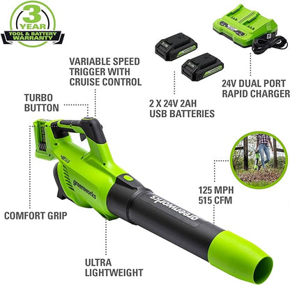 Greenworks 48V (2 x 24V) Cordless Axial Leaf Blower (125 MPH / 515 CFM / 125+ Compatible Tools), (2) 2.0Ah Batteries and Dual Port Charger Included
