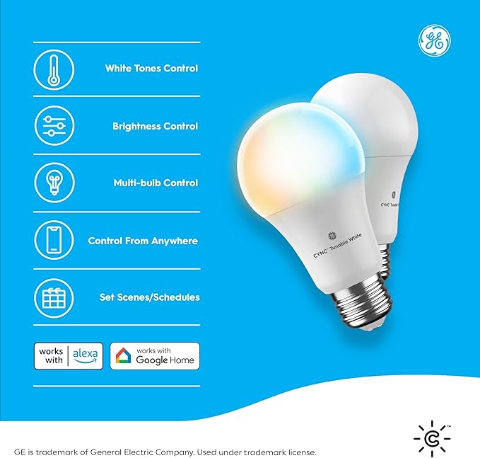 GE CYNC Smart LED Light Bulbs, Tunable White, Bluetooth and Wi-Fi, Works with Alexa and Google, A19 (2 Pack)