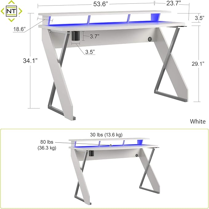 Xtreme Riser, Ergonomic, Home Office, Work Table, Computer, Gaming Room Desk, Monitor Stand, Cup Holder, Headphone Hook, White