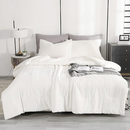 ENJOHOS Girls Queen Comforter Bedding Set White, 3 PCS Boho Comforter with Tufted Dots, Shabby Chic Bedding Comforter for All Season, Lightweight Fluffy Microfiber Comforter with 2 Pillowcases
