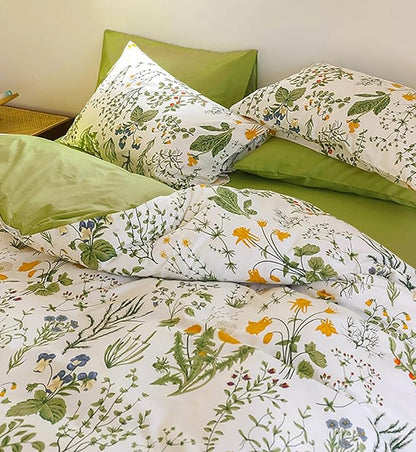 Botanical Comforter Set Full White and Sage Green Floral Plant Bedding Set Garden Pattern Printed on White Reversible Blanket 3 PCs 1 White Comforter 80"x90" and 2 Pillowcases