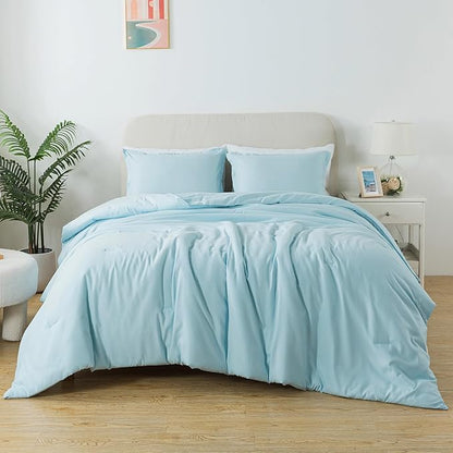 Baby Blue Comforter Set King Size,Lightweight Skin-friendly Boho Bedding Set & Collections, Breathable Fluffy Microfiber 3 PCS (104"x90") Comforter Set for All Seasons with Pillowcases