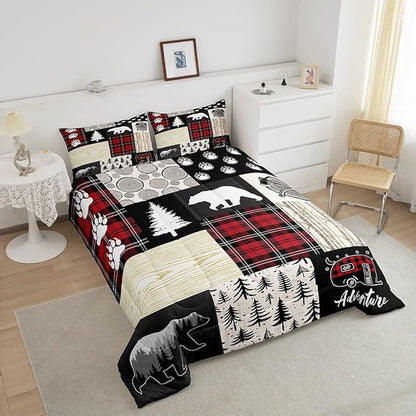 Bear Comforter Set King Size,Pine Trees Animals Hunting Bedding Set for Kids Boys Girls Adults Room Decor,Camping Adventure Rustic Farmhouse Down Comforter,Red Plaids Duvet Insert,2 Pillowcases