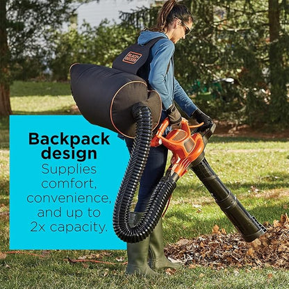 BLACK+DECKER Electric Leaf Blower, Leaf Vacuum and Mulcher 3 in 1, 250 mph Airflow, 400 cfm Delivery Power, Reusable Bag Included, Corded (BEBL7000)
