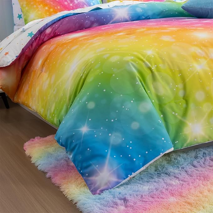 A Nice Night 6Pcs Gradient Glitter Bedding Set for Girls, Colorful Rainbow Galaxy Comforter Set, Ultra Soft Bedding Sets (Multi,Full 6Pcs)