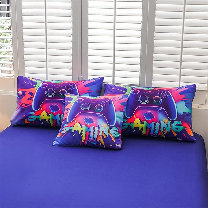 Aimuan Gamer Gaming Bedding Sets 3D Gamepad Comforter Sets for Boys Games Console Action Buttons Novelty Colorful Game Controller Modern Room Decor Home Quilt Set (Purple, Full 6PCS)