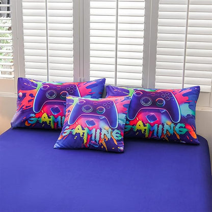 Aimuan Gamer Gaming Bedding Sets 3D Gamepad Comforter Sets for Boys Games Console Action Buttons Novelty Colorful Game Controller Modern Room Decor Home Quilt Set (Purple, Full 6PCS)