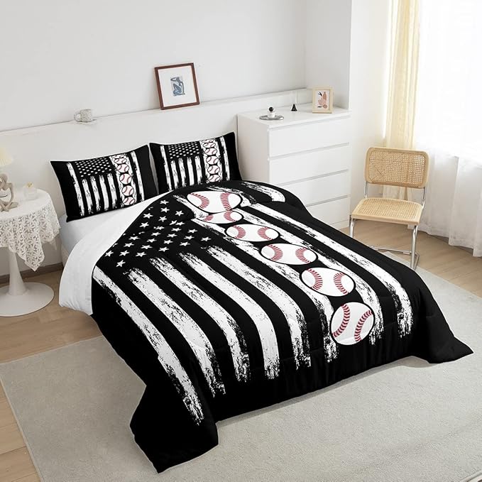 Feelyou Baseball Comforter American Flag Comforter Set Kids Boys Baseball Sports Games Bedding Set Children Girls Teens Black and White Ball Microfiber Quilt Set Room Decor for All Season Twin Size