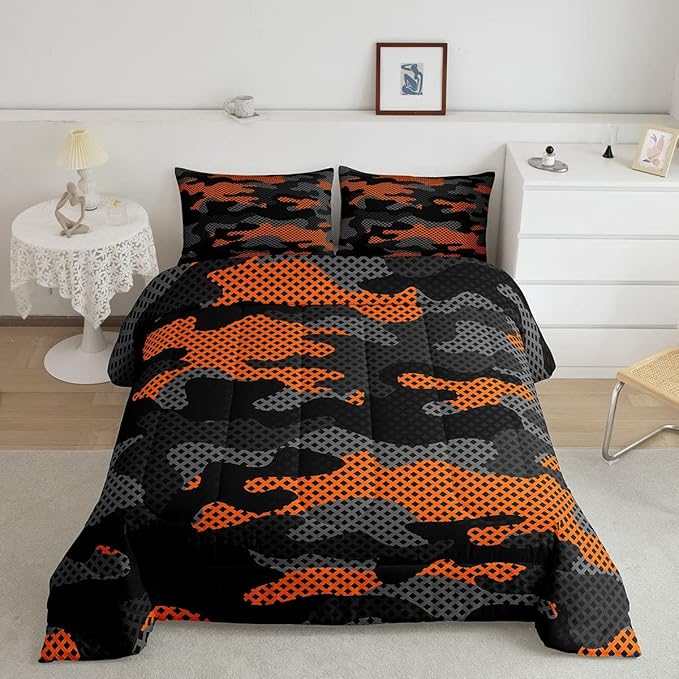 Erosebridal Army Camouflage Comforter Set Queen Size Teens Adult Camo Bedding Set for Kids Boys Girls Colorful Pattern Decor Down Comforter Orange Black Grey Duvet Set Geometric Pattern Quilt Set