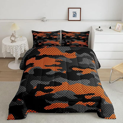 Erosebridal Army Camouflage Comforter Set Twin Size Teens Adult Camo Bedding Set for Kids Boys Girls Colorful Pattern Decor Down Comforter Orange Black Grey Duvet Set Geometric Pattern Quilt Set