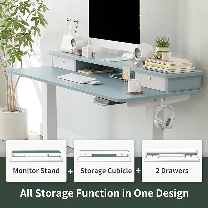 FEZIBO 55 x 24 Inch Height Adjustable Electric Standing Desk with Double Drawer, Stand Up Desk with Storage Shelf, Sit Stand Desk, Blue