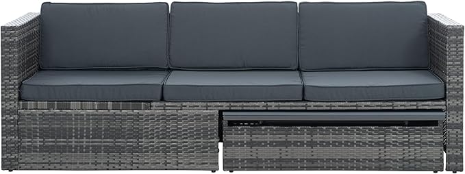 Modular Rattan Outdoor Sectional Furniture, Wicker Conversation Patio Sets with Plywood Coffee Table and Lounger Sofa for Backyard, Dc-Dark Gray