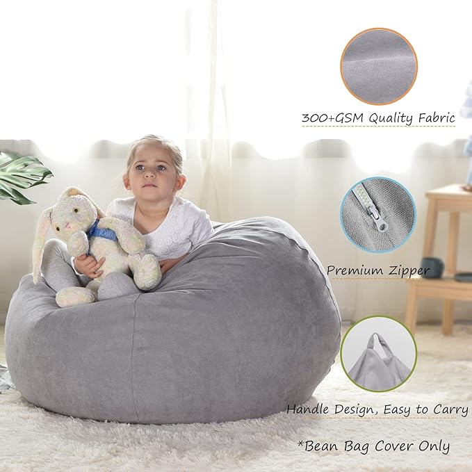YuppieLife Stuffed Animals Bean Bag Chair Cover Candy-Colored Bean Bag（Just Cover, No filling）/Extra Large Stuff 'n Sit Organization/Toy Storage Bag/Kids Toys Organizer（38'',Grey）
