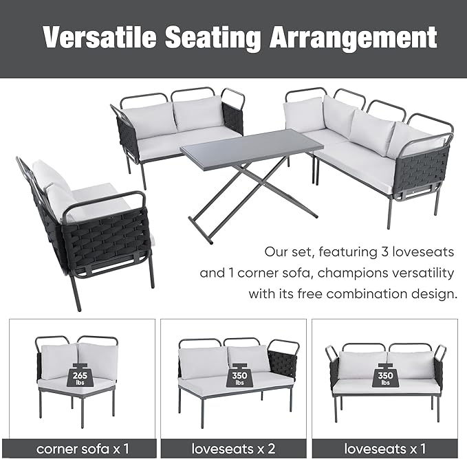 5-Piece Outdoor Patio Sectional L-shaped Sofa Set, Woven Rope Conversation Furniture with Loveseat, Corner Couch, Glass Coffee Table and Removable Cushions, Onesize, Black+Gray