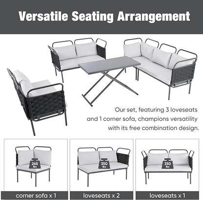 5-Piece Outdoor Patio Sectional L-shaped Sofa Set, Woven Rope Conversation Furniture with Loveseat, Corner Couch, Glass Coffee Table and Removable Cushions, Onesize, Black+Gray