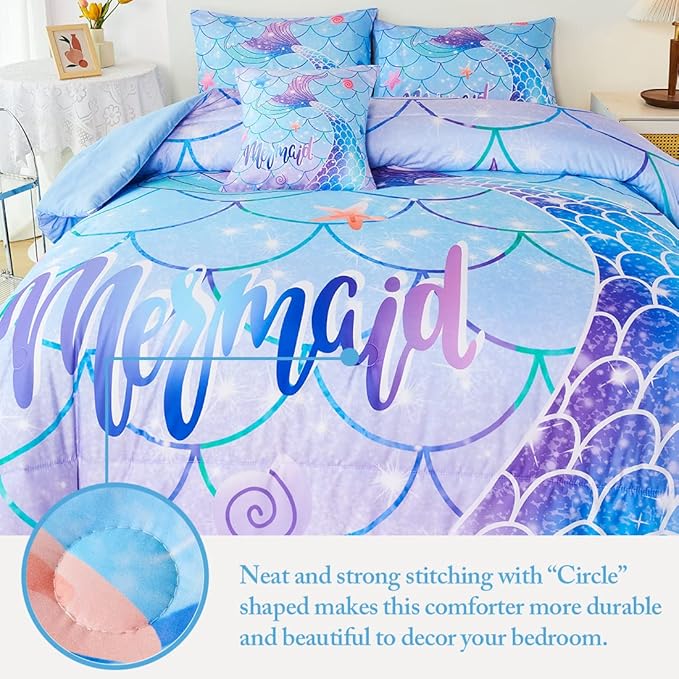 URBONUR Mermaid Tail Bedding Set Queen Size, 6Pcs Fish Scales Print Bed in a Bag Girls Queen Comforter Set, Ombre Aqua Blue Teal Pink Purple Bed Sets for Girls Bedroom Decor
