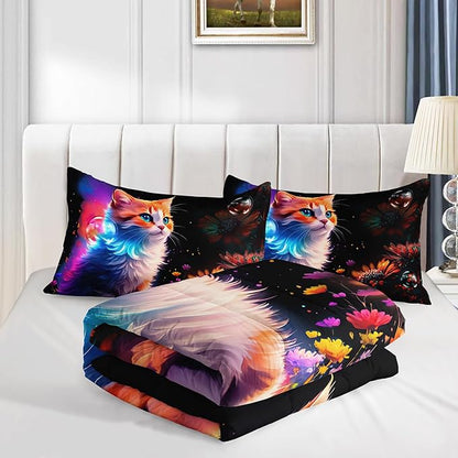 Cartoon Kawaii Cat Comforter Set Queen Size 3D Animals Flower Toddler Bedding Set Cat Lovers Animal Bubble Design Quilt Bed Set for Girls Kids Teens