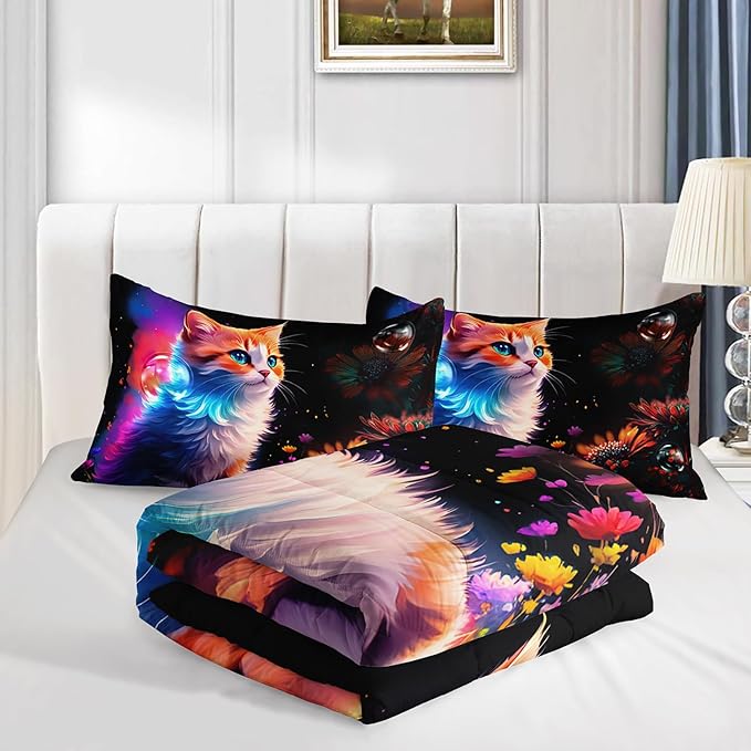 Cartoon Kawaii Cat Comforter Set Twin Size 3D Animals Flower Toddler Bedding Set Cat Lovers Animal Bubble Design Quilt Bed Set for Girls Kids Teens