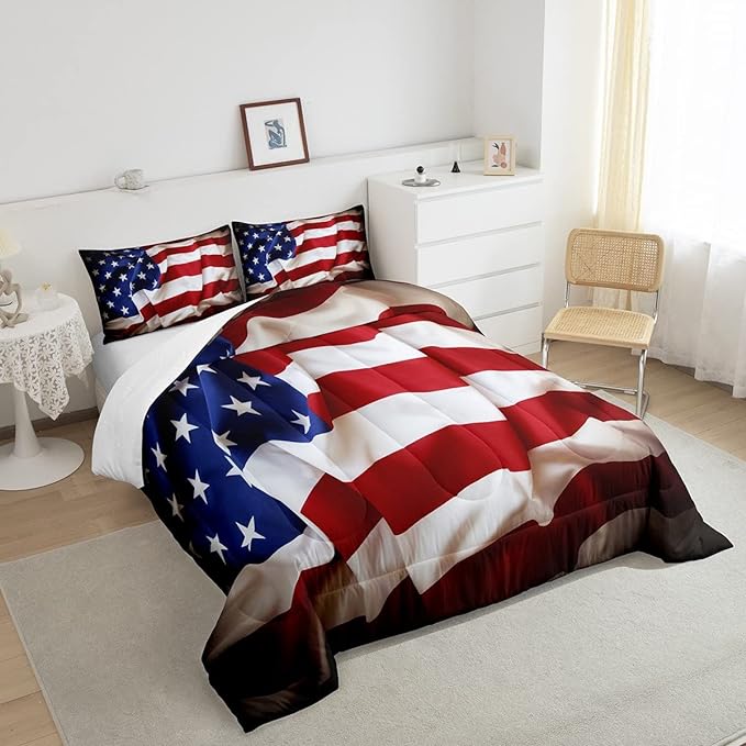 Erosebridal American Flag Comforter Set, United States Down Comforter Twin Size for Kids Boys Teens, USA Federations Stars Bedding Set Geometric Stripes Quilted Duvet for Bedroom, Blue White and Red