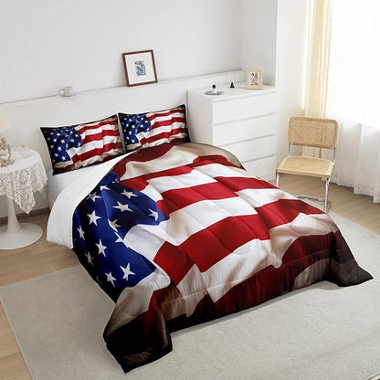 Erosebridal American Flag Comforter Set, United States Down Comforter Twin Size for Kids Boys Teens, USA Federations Stars Bedding Set Geometric Stripes Quilted Duvet for Bedroom, Blue White and Red