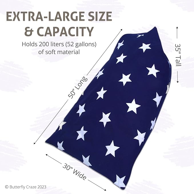 Butterfly Craze Bean Bag Chair Cover, Functional Toddler Toy Organizer, Fill with Stuffed Animals to Create a Jumbo, Comfy Floor Lounger for Boys or Girls, Stuffing Not Included, Navy Stars