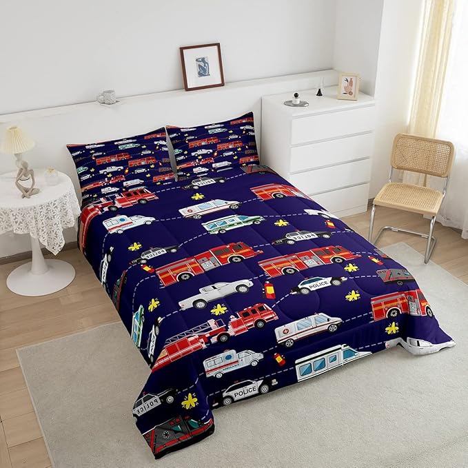 Feelyou Fire Truck Bedding Bed Set Police Car Comforter Set for Kids Boys Girls Teens Decor Engine Ambulance Cute Comforter Emergency Vehicle Blue Soft Quilt Room 3Pcs Queen Size Boys