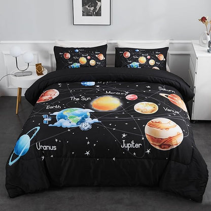 Outer Space Bedding Set King Solar System Comforter Set 3 Pieces 1 Space Comforter Twin and 2 Pillow Cases for Boys Girls Kids Ultra-Soft Microfiber All Seasons for Bedroom Sofa