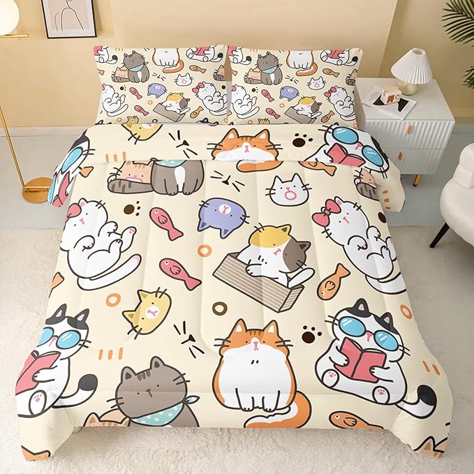Kawaii Cat Comforter King,Kawaii Animals Comforter Set for Kids Teens Girls,3Pcs Bedding Set Printed Comforter with 2 Pillowcases,Down Alternative,Soft and Lightweight，King Size