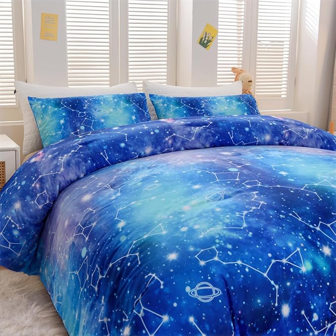 Holawakaka Tie Dye Constellation Print Ombre Comforter Set Twin Size Girls Boys Gradient Galaxy Bedding Set (Cyan,Twin)