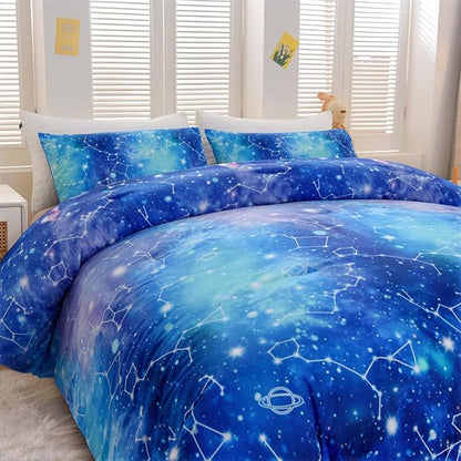 Holawakaka Tie Dye Constellation Print Ombre Comforter Set Twin Size Girls Boys Gradient Galaxy Bedding Set (Cyan,Twin)