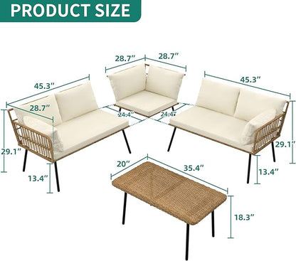 YITAHOME 4 Pieces Patio Furniture Set, Outdoor Rattan Woven Conversation Sectional L-Shaped Sofa with 5 Seater for Backyard, Porch, Boho Detachable Lounger with Cushions and Side Table - Beige