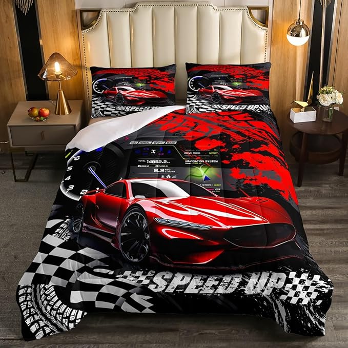 Feelyou Kids Boys Girls Red Race Car Comforter Set Twin Size, Sports Car Comforter Comforter Set for Teens Toddler Race Car Bedding Set Racing car Duvet Set Bed Set Room Decor Bedding Collection