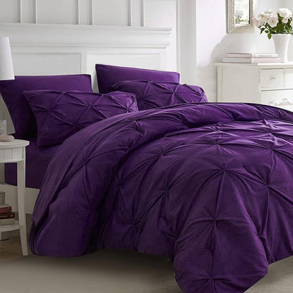 Ubauba 7pc Full Size Comforter Set with Sheets, Purple Pintuck 7 Pieces Bed in a Bag with Comforter, All Season Bedding Comforters & Sets (Purple,Full)