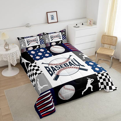 Kids Baseball Comforter Set Full Size Bed,Teen Boys Sports Baseball Bedding Set Sport Baseball Quilt Set Patchwork Geometric Checkered Soft Lightweight Comforter Balck White Navy Blue 2 Pillowcases