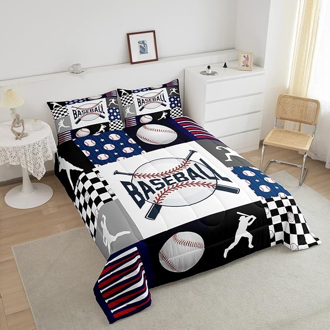 Erosebridal Baseball Quilt Set Teen Boys Baseball Bedding Comforter Set Queen Size Bed,Kids Sports Bed Comforter Sets Black White Geometric Checkered Grids Duvet Set for All Season 2 Pillowcases