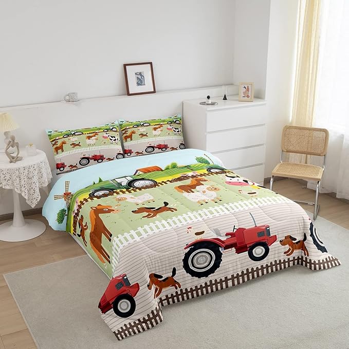 Tractor Bedding Sets for Boys King Size Toddler Kids Cute Cartoon Farm Animals Comforter Set Girls Children Farmhouse Country Down Comforter for All Season Colorful Room Decor Nature Theme Duvet Set