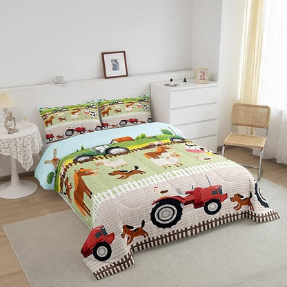 Tractor Bedding Sets for Boys King Size Toddler Kids Cute Cartoon Farm Animals Comforter Set Girls Children Farmhouse Country Down Comforter for All Season Colorful Room Decor Nature Theme Duvet Set