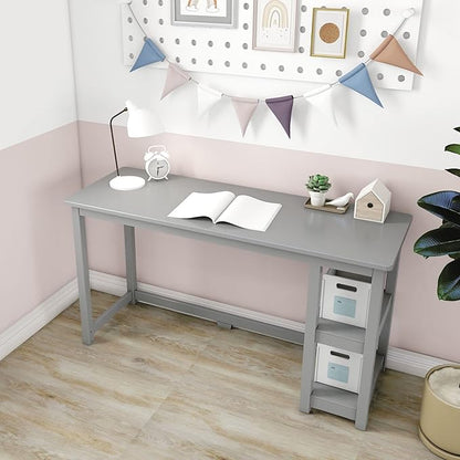 Max & Lily Solid Wood Desk With Shelves, 55 Inches, Grey