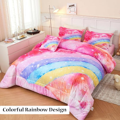 6 Pieces Pink Tie Dye Full Size Bedding Sets for Girls/Teens/Kids, Colorful Rainbow Girls Comforter Set, Sparkle Galaxy Glitter Bedding Comforter Set for All Season