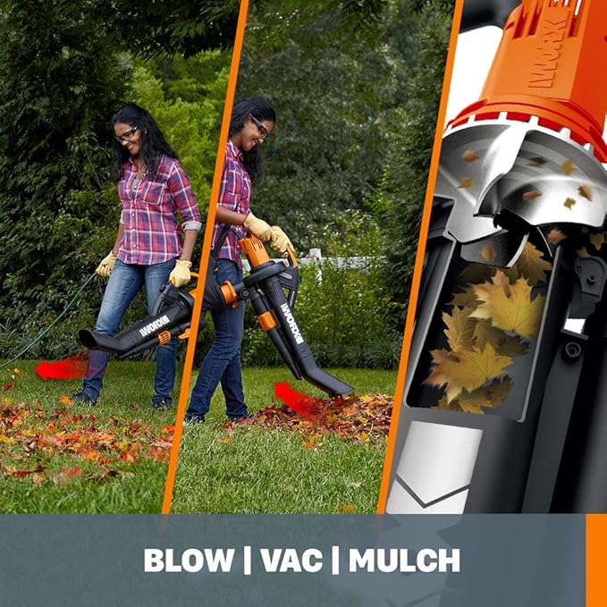 Worx 12 Amp TRIVAC 3-in-1 Electric Leaf Blower & Southwire 2588SW0002 Outdoor Cord-12/3 SJTW Heavy Duty 3 Prong Extension Cord-for Commercial Use (50', Yellow), 50 Feet