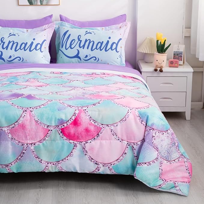 Wajade Kid Mermaid Scale Comforter Bedding Set Twin Size, Colorful Rainbow 3D Fish Scale 7 Pieces Soft Bedding Sets with Comforter, Sheet, Pillowcase and Sham for Girls